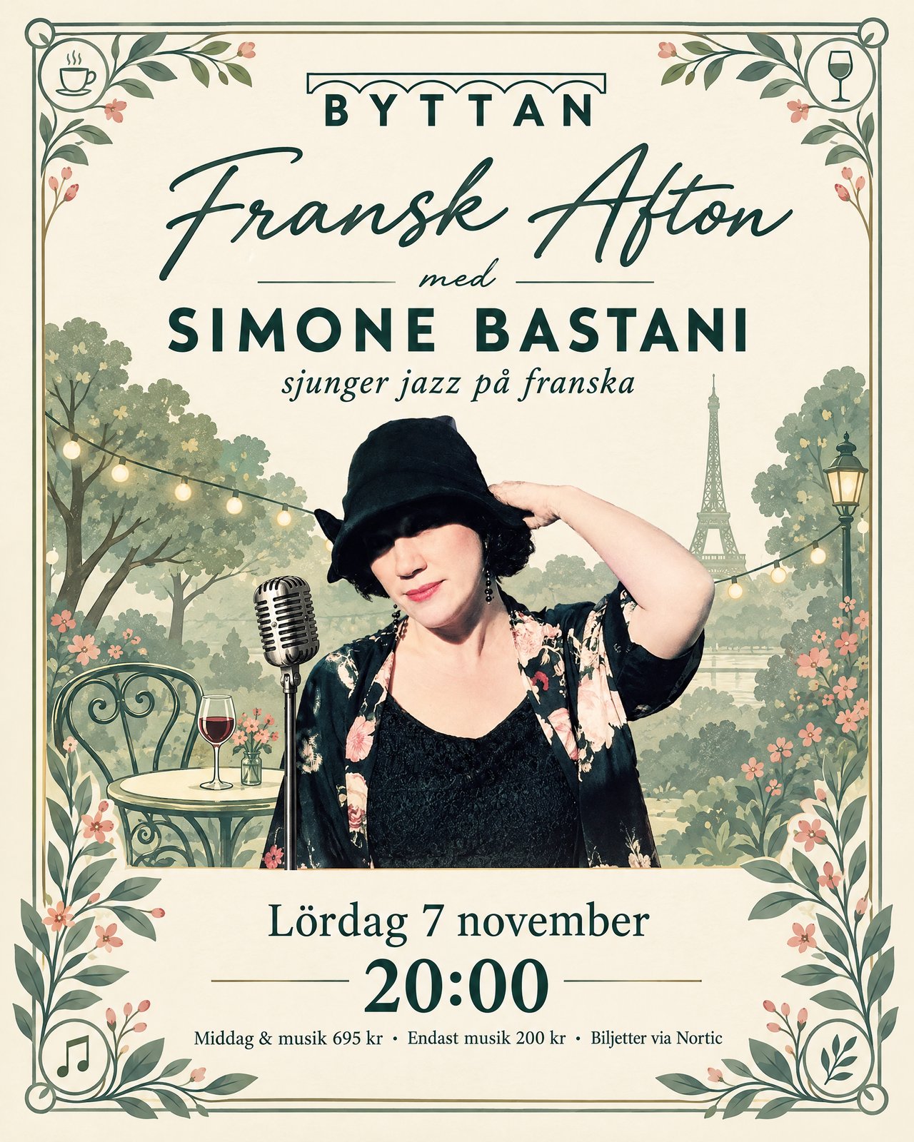 Affisch: Fransk afton med Simone Bastani, som sjunger jazz på franska, lördag 7 november kl. 20.00
