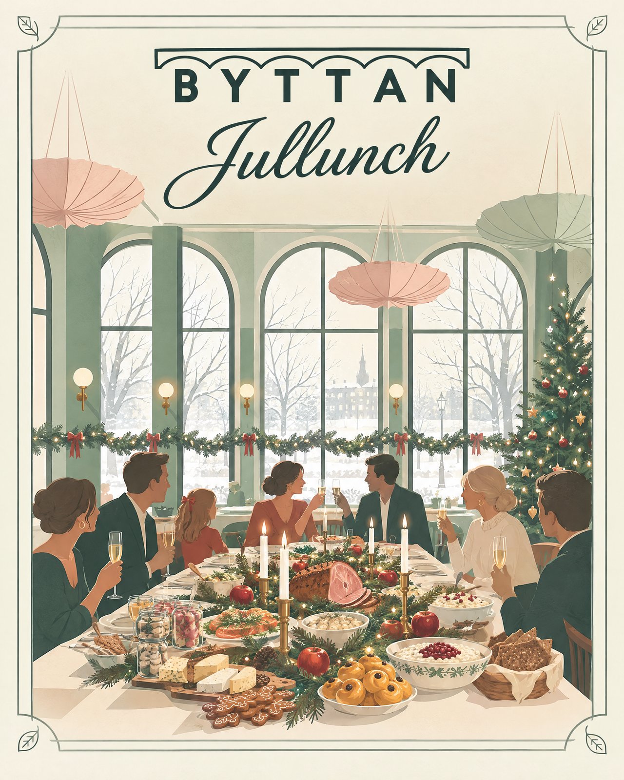Illustration: jullunch på Byttan, ett dukat julbord vid de välvda fönstren med snöig park och julgran